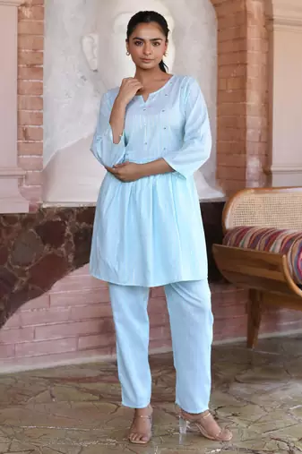 Blue embroidered cotton lurex tunic with pants - set of 2