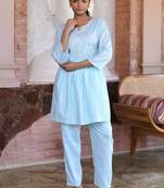 Blue embroidered cotton lurex tunic with pants - set of 2