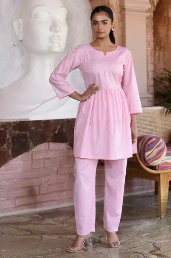 Pink embroidered cotton lurex tunic with pants - set of 2