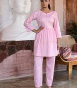 Pink embroidered cotton lurex tunic with pants - set of 2