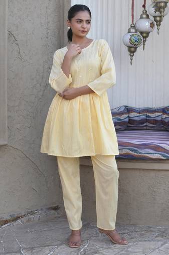 Yellow embroidered cotton lurex tunic with pants - set of 2