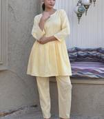 Yellow embroidered cotton lurex tunic with pants - set of 2