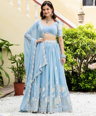 Sky Blue Georgette Sequins Thread Embroidery Work Lehenga Choli 1
