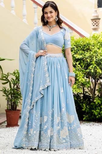 Sky Blue Georgette Sequins Thread Embroidery Work Lehenga Choli