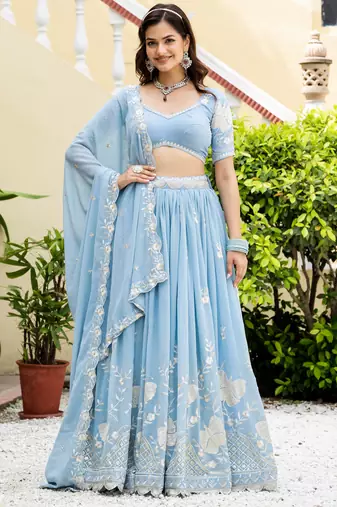 Sky Blue Georgette Sequins Thread Embroidery Work Lehenga Choli