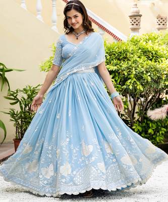 Sky Blue Georgette Sequins Thread Embroidery Work Lehenga Choli 2
