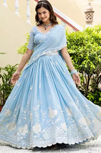 Sky Blue Georgette Sequins Thread Embroidery Work Lehenga Choli
