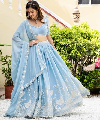 Sky Blue Georgette Sequins Thread Embroidery Work Lehenga Choli 3