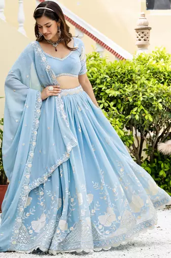 Sky Blue Georgette Sequins Thread Embroidery Work Lehenga Choli