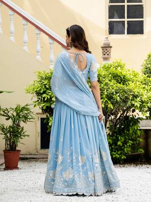 Sky Blue Georgette Sequins Thread Embroidery Work Lehenga Choli 4