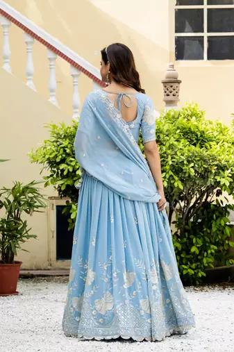 Sky Blue Georgette Sequins Thread Embroidery Work Lehenga Choli