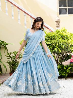 Sky Blue Georgette Sequins Thread Embroidery Work Lehenga Choli 6