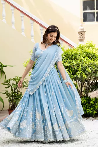 Sky Blue Georgette Sequins Thread Embroidery Work Lehenga Choli