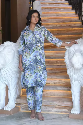 Multicolor printed cotton kurta with pants - set of 2