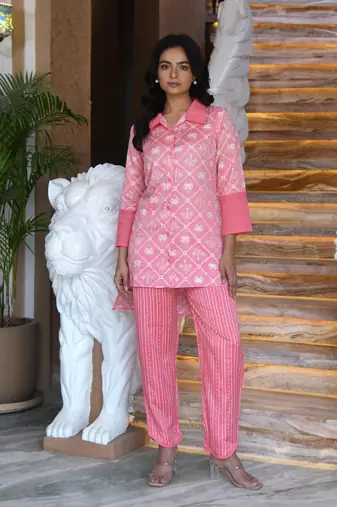 Pink printed muslin kota co-ord set - set of 2