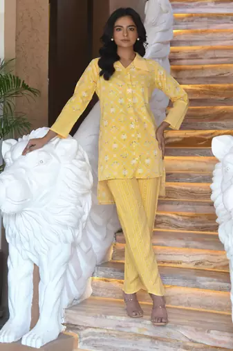 Yellow printed muslin kota co-ord set - set of 2