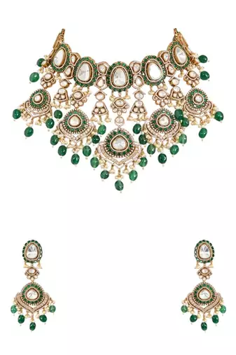 Gold plated green stone choker necklace set