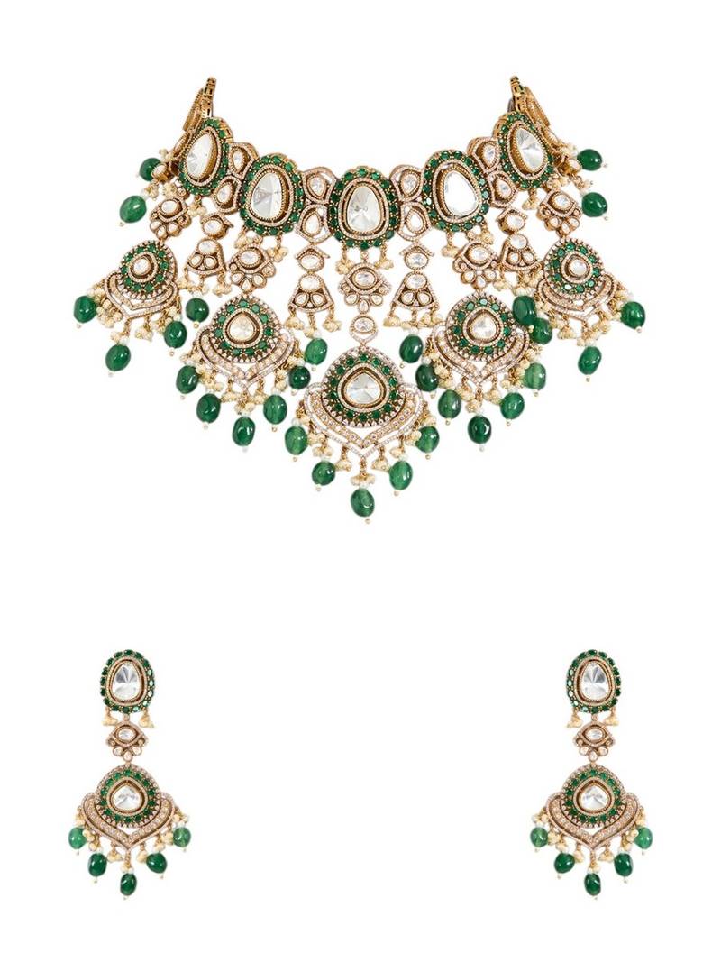 Gold plated green stone choker necklace set