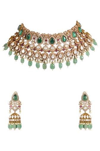 Gold plated green stone choker necklace set