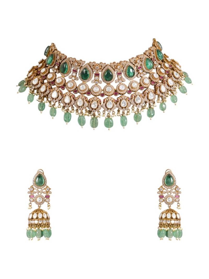 Gold plated green stone choker necklace set