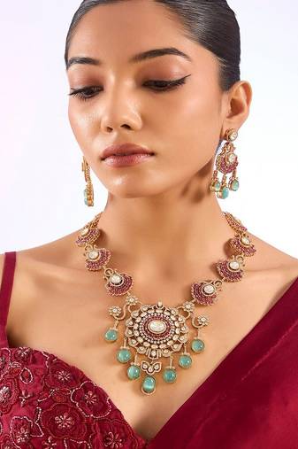 Gold plated multicolor stone necklace set