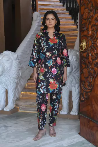 Black printed cotton tunic with pants - set of 2