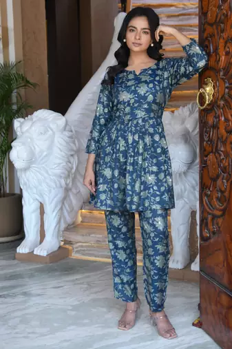 Blue grey printed cotton tunic with pants - set of 2