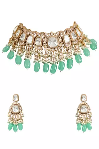 Gold plated green stone choker necklace set