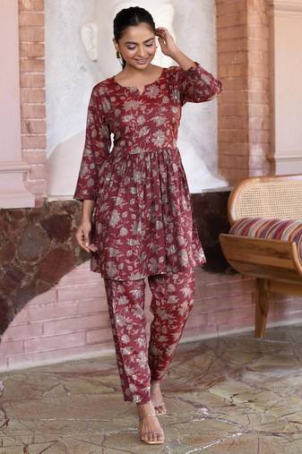 Red grey printed cotton tunic with pants - set of 2