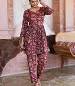 Red grey printed cotton tunic with pants - set of 2