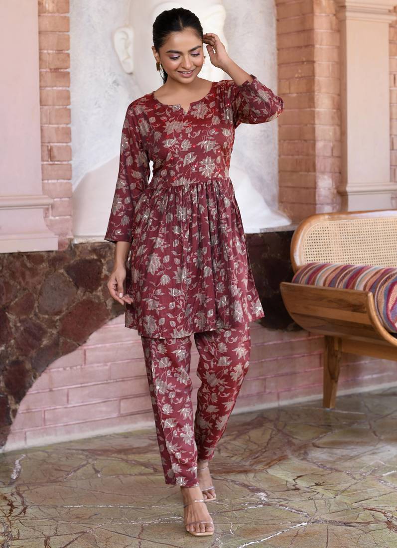 Red grey printed cotton tunic with pants - set of 2