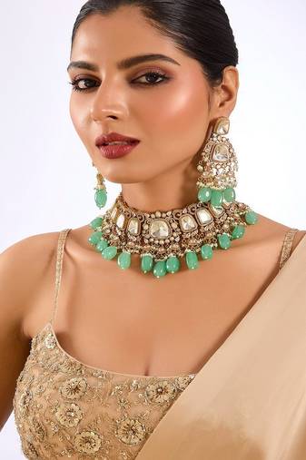Gold plated green stone choker necklace set