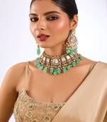 Gold plated green stone choker necklace set