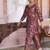 Red grey printed cotton tunic with pants - set of 2