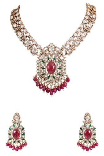 Gold plated pink stone necklace set