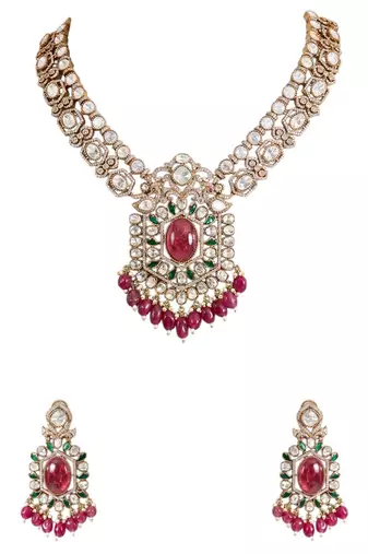 Gold plated pink stone necklace set
