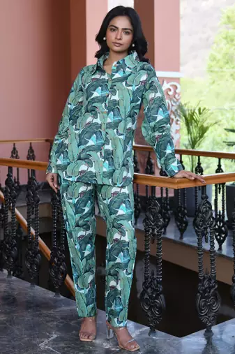 Green printed cotton co-ord set - set of 2