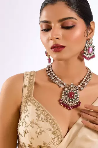 Gold plated pink stone necklace set