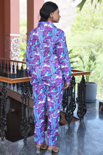Purple blue printed cotton co-ord set - set of 2
