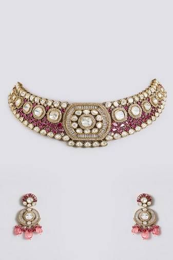 Gold plated pink stone choker necklace set