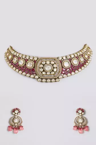 Gold plated pink stone choker necklace set