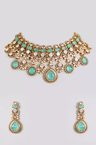Gold plated blue stone necklace set