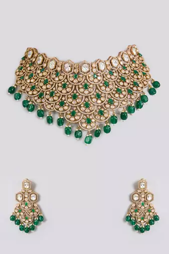 Gold plated green stone necklace set