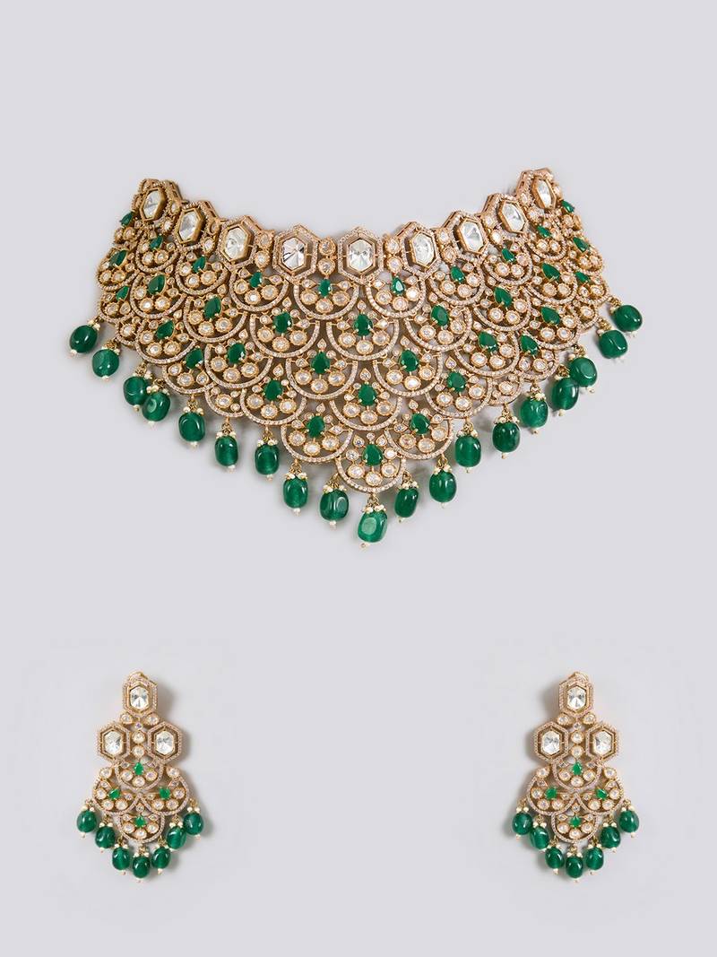 Gold plated green stone necklace set