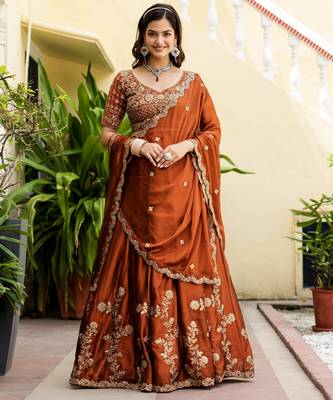 Orange Silk Thread Embroidery Work semi Sttiched Lehenga Choli 1