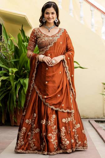 Orange Silk Thread Embroidery Work semi Sttiched Lehenga Choli