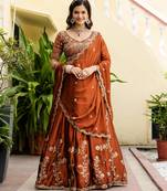 Orange Silk Thread Embroidery Work semi Sttiched Lehenga Choli