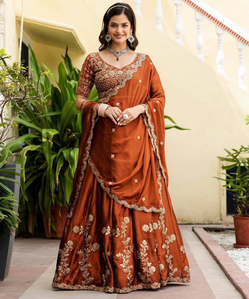 Orange Silk Thread Embroidery Work semi Sttiched Lehenga Choli
