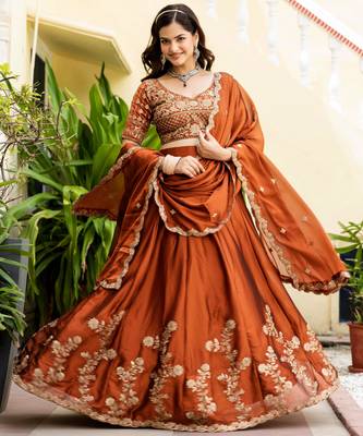 Orange Silk Thread Embroidery Work semi Sttiched Lehenga Choli 2