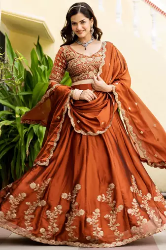 Orange Silk Thread Embroidery Work semi Sttiched Lehenga Choli